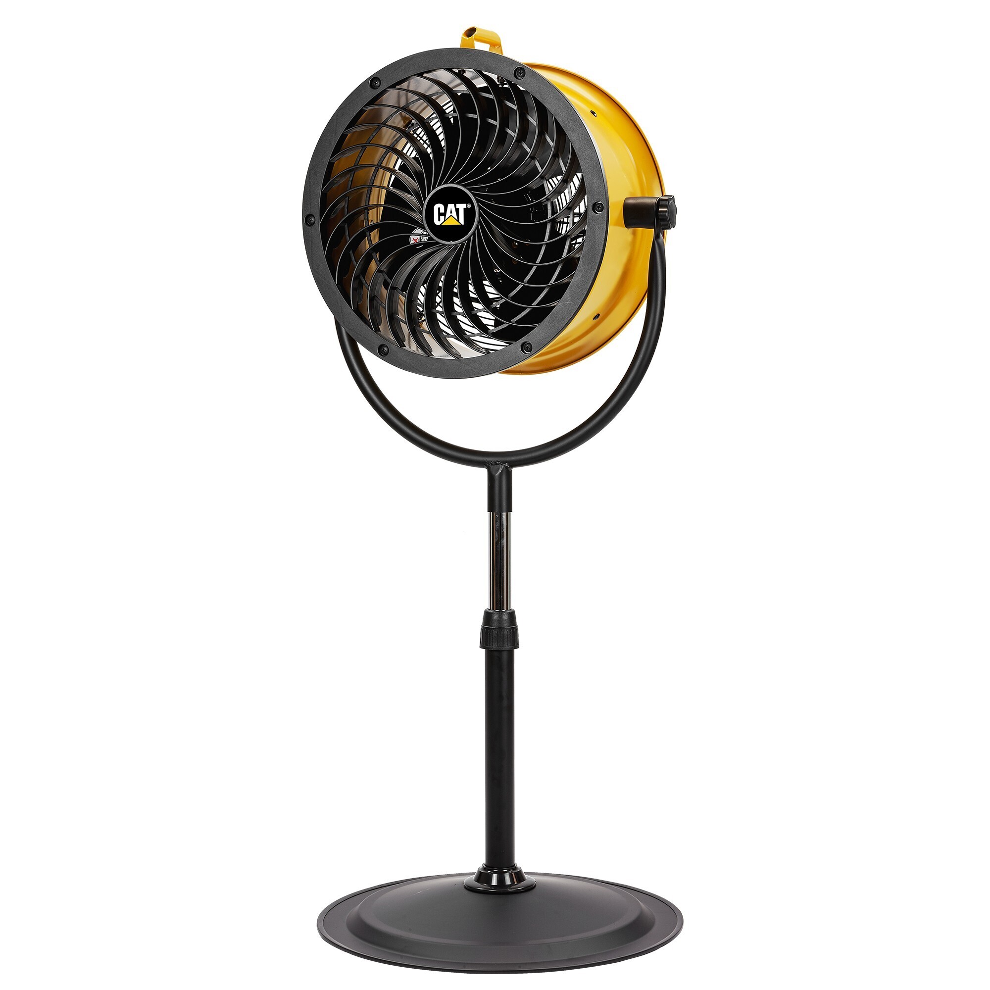 Caterpillar® fan (CF_HVPD_14AC-YW) 14”-Blade High-Velocity Pedestal Drum Fan Heavy Duty Industrial Grade (Yellow, 4-in-1): 2,300 CFM, 4-Speed, 360 Degree Adjustable Tilt, Dual Ball Bearing Motor with Die-Cast Cover